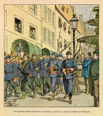 The Eastern Armee of Eugene Sergeant, kjent som Grenest, illustrert av Louis Bombled (1862-1927) (fransk-tyske krig; kampanje 1870-1871): Kaptein Huot går ned Rue Battant i Besancon med prøyssiske fanger tatt til fange i Bethoncourt les Brotte i oktober av Louis Charles Bombled