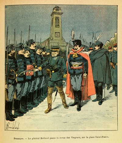 The Eastern Armee of Eugene Sergeant, kjent som Grenest, illustrert av Louis Bombled (1862-1927) (fransk-tyske krig; kampanje 1870-1871): I Besancon gjennomgår general Rolland selskapet "Avengers" på oppdrag fra Malicki, Private Collection av Louis Charles Bombled