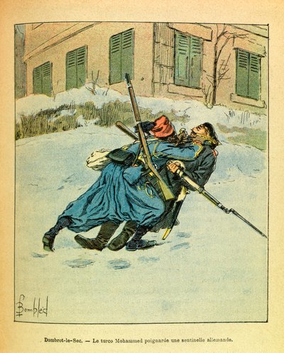 The Eastern Armee of Eugene Sergeant, kjent som Grenest, illustrert av Louis Bombled (1862-1927) (fransk-tyske krig; kampanje 1870 -1871): Ved Dombrot Le Sec stikker den tyrkiske Mohammed en tysk vaktpost, privat samling av Louis Charles Bombled