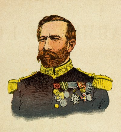 The Eastern Armee of Eugene Sergeant, kjent som Grenest, illustrert av Louis Bombled (1862-1927) (fransk-tyske krig; kampanje 1870 -1871): Portrett av general Bourbaki (1816-1897), privat samling av Louis Charles Bombled