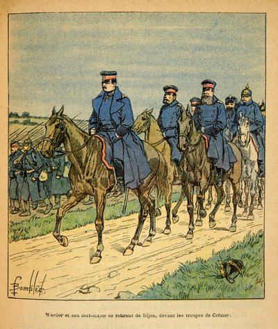 The Eastern Armee of Eugene Sergeant, kjent som Grenest, illustrert av Louis Bombled (1862-1927) (fransk-tyske krig; kampanje 1870 -1871): General Werder og hans generalstab i Dijon foran troppene til general Cremer, privat samling av Louis Charles Bombled