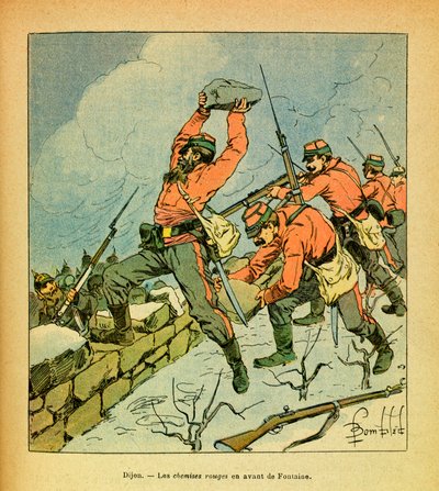 The Eastern Armee of Eugene Sergeant, kjent som Grenest, illustrert av Louis Bombled (1862-1927) (fransk-tyske krig; kampanje 1870-1871): De røde skjortene til garibaldi foran Fontaine under kampene ved Dijon i januar 1871, Privat samling av Louis Charles Bombled