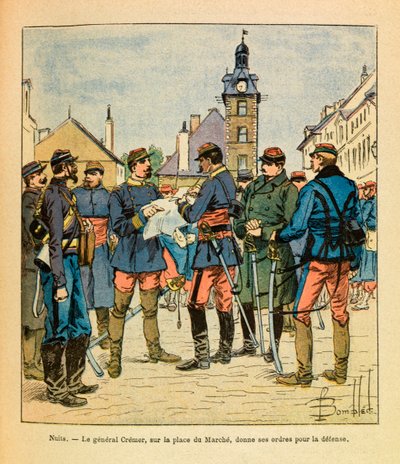 The Eastern Armee of Eugene Sergeant, kjent som Grenest, illustrert av Louis Bombled (1862-1927) (fransk-tyske krig; kampanje 1870 -1871): Slaget ved Nuits Saint Georges; General Cremer på Marche-plassen gir sine ordre om forsvar, desember 1870, Pr av Louis Charles Bombled
