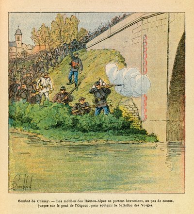 The Eastern Armee of Eugene Sergeant, kjent som Grenest, illustrert av Louis Bombled (1862-1927) (fransk-tyske krig; kampanje 1870-1871): Les mobiles des Hautes Alpes gir en hånd til bataljonen Vosges under kampene mot Cussey på Ognon (dou av Louis Charles Bombled