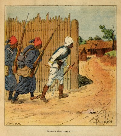 The War in Madagascar-Anecdotal History of the French Expeditions of 1885-1895 av Henri Galli dit Galllichet (1854-1922), illustrert av Louis Bombled (1862-1927): Franske tropper gikk inn i landsbyen Mevatanana i 1895, privat samling av Louis Charles Bombled
