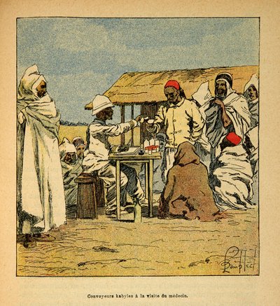The War in Madagascar-Anecdotal History of the French Expeditions of 1885-1895 av Henri Galli dit Galllichet (1854-1922), illustrert av Louis Bombled (1862-1927): Convoyeurs Kabiles et besøk av en militærlege, Privat samling av Louis Charles Bombled