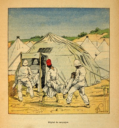 The War in Madagascar-Anecdotal History of the French Expeditions of 1885-1895 av Henri Galli dit Galllichet (1854-1922), illustrert av Louis Bombled (1862-1927): Militært feltsykehus på Madagaskar i 1895, privat samling av Louis Charles Bombled