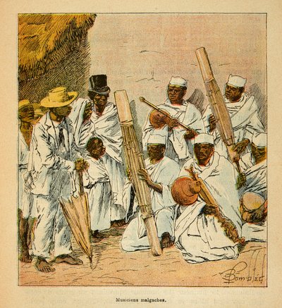 The War in Madagascar-Anecdotal History of the French Expeditions of 1885-1895 av Henri Galli dit Galllichet (1854-1922), illustrert av Louis Bombled (1862-1927): Malagasy Musicians in the 19th century, Private Collection av Louis Charles Bombled