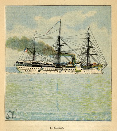 The War in Madagascar-Anecdotal History of the French Expeditions of 1885-1895 av Henri Galli dit Galllichet (1854-1922), illustrert av Louis Bombled (1862-1927): Sykehusskipet "Shamrock" på vei til Madagaskar, privat samling av Louis Charles Bombled