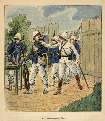 The War in Madagascar-Anecdotal History of the French Expeditions of 1885-1895 av Henri Galli dit Galllichet (1854-1922), illustrert av Louis Bombled (1862-1927): Franske tropper ved forgiftningsmannen Shaw i 1884 (engelsk metodistpastor som hadde forgifte av Louis Charles Bombled