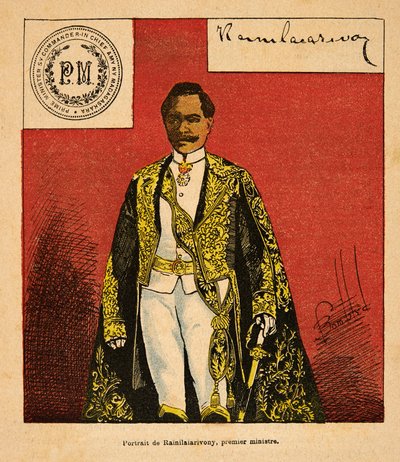The War in Madagascar-Anecdotal History of the French Expeditions of 1885-1895 av Henri Galli dit Galllichet (1854-1922), illustrert av Louis Bombled (1862-1927): Portrett av statsminister Rainilaiarivony (1828-1896), privat samling av Louis Charles Bombled