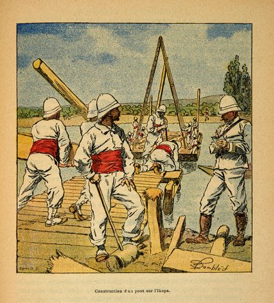 The War in Madagascar-Anecdotal History of the French Expeditions of 1885-1895 av Henri Galli dit Galllichet (1854-1922), illustrert av Louis Bombled (1862-1927): Konstruksjon av en bro av ånden på Ikopa-elven i 1895, Privat samling av Louis Charles Bombled