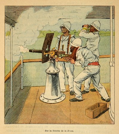 The War in Madagascar-Anecdotal History of the French Expeditions of 1885-1895 av Henri Galli dit Galllichet (1854-1922), illustrert av Louis Bombled (1862-1927): Kanonskudd på Hovas ombord på canoniere "" La Brave "" i 1895, Privat Samling av Louis Charles Bombled