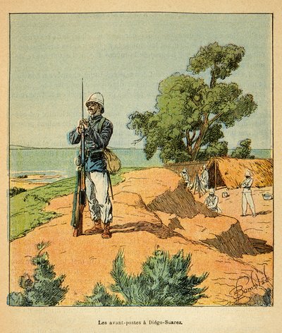 The War in Madagascar-Anecdotal History of the French Expeditions of 1885-1895 av Henri Galli dit Galllichet (1854-1922), illustrert av Louis Bombled (1862-1927): Fransk utpost i Diego-Suarez på Madagaskar i 1885, privat samling av Louis Charles Bombled
