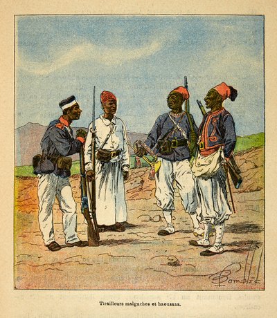 The War in Madagascar-Anecdotal History of the French Expeditions of 1885-1895 av Henri Galli dit Galllichet (1854-1922), illustrert av Louis Bombled (1862-1927): Malagasy and Haoussas Tirailleurs, privat samling av Louis Charles Bombled