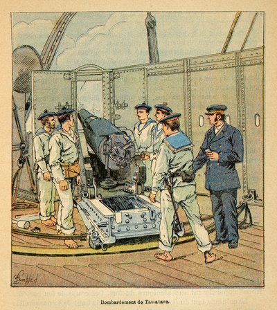 The War in Madagascar-Anecdotal History of the French Expeditions of 1885–1895 av Henri Galli dit Galllichet (1854–1922), illustrert av Louis Bombled (1862–1927): Bombardement av Tamatave av den franske marinen, privat samling av Louis Charles Bombled