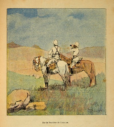 The War in Madagascar-Anecdotal History of the French Expeditions of 1885-1895 av Henri Galli dit Galllichet (1854-1922), illustrert av Louis Bombled (1862-1927): Militær i rekognosering på grensen til Imerne til Madagaskar i 1895, menig Samling av Louis Charles Bombled