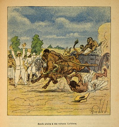 The War in Madagascar-Anecdotal History of the French Expeditions of 1885-1895 av Henri Galli dit Galllichet (1854-1922), illustrert av Louis Bombled (1862-1927): Boeufs nådd med biler Lefebvre, privat samling av Louis Charles Bombled