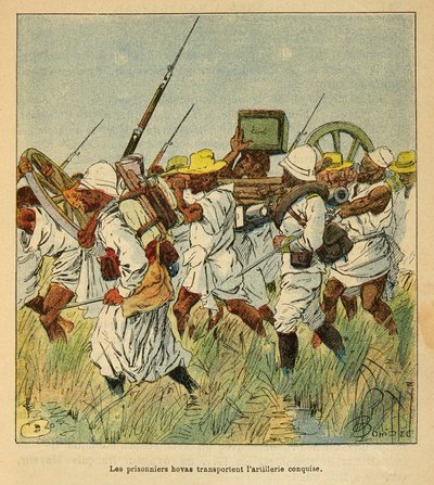 The War in Madagascar-Anecdotal History of the French Expeditions of 1885-1895 av Henri Galli dit Galllichet (1854-1922), illustrert av Louis Bombled (1862-1927): Fangene som Hovas brukte til å transportere artilleristykker, privat samling av Louis Charles Bombled