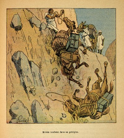The War in Madagascar-Anecdotal History of the French Expeditions of 1885-1895 av Henri Galli dit Galllichet (1854-1922), illustrert av Louis Bombled (1862-1927): Muletter av en militærkonvoi som faller ned i et stup, spesiell samling av Louis Charles Bombled