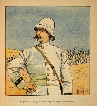 The War in Madagascar-Anecdotal History of the French Expeditions of 1885-1895 av Henri Galli dit Galllichet (1854-1922), illustrert av Louis Bombled (1862-1927): Portrett av general De Torcy (1844-1918), stabssjef av ekspedisjonsstyrken i Madag av Louis Charles Bombled