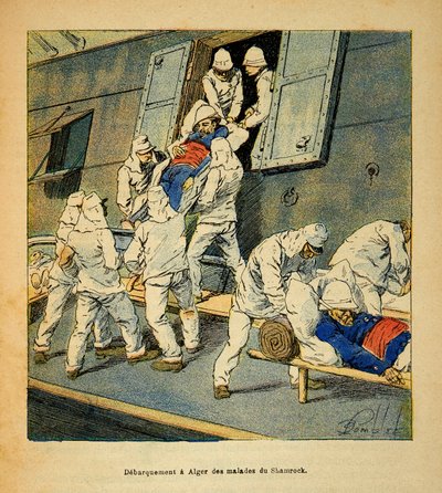 The War in Madagascar-Anecdotal History of the French Expeditions of 1885-1895 av Henri Galli dit Galllichet (1854-1922), illustrert av Louis Bombled (1862-1927): Debarking til Alger i 1895 av de syke troppene til sykehusskipet «Shamrock» fra Ma av Louis Charles Bombled