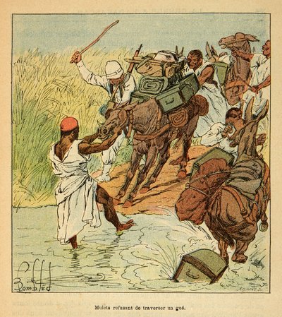 The War in Madagascar-Anecdotal History of the French Expeditions of 1885-1895 av Henri Galli dit Galllichet (1854-1922), illustrert av Louis Bombled (1862-1927): Mulets nektet å krysse en gue under den franske ekspedisjonen til Madagaskar i 1895 , menig C av Louis Charles Bombled