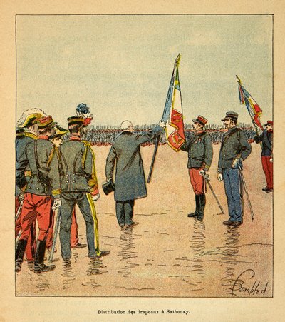 The War in Madagascar-Anecdotal History of the French Expeditions of 1885-1895 av Henri Galli dit Galllichet (1854-1922), illustrert av Louis Bombled (1862-1927): Utdeling av flagg i Sathonay til troppene som dro til Madagaskar i 1895 pres av Louis Charles Bombled