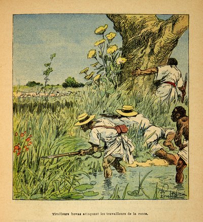 The War in Madagascar-Anecdotal History of the French Expeditions of 1885-1895 av Henri Galli dit Galllichet (1854-1922), illustrert av Louis Bombled (1862-1927): Hovas Tirailleurs angriper militærbygningen en vei i 1895, privat samling av Louis Charles Bombled