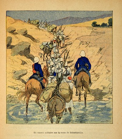 The War in Madagascar-Anecdotal History of the French Expeditions of 1885-1895 av Henri Galli dit Galllichet (1854-1922), illustrert av Louis Bombled (1862-1927): en militær konvoi på veien til Suberbieville i 1895, privat samling av Louis Charles Bombled