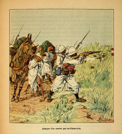 The War in Madagascar-Anecdotal History of the French Expeditions of 1885-1895 av Henri Galli dit Galllichet (1854-1922), illustrert av Louis Bombled (1862-1927): Angrep av en militærkonvoi av Fahavolos, privat samling av Louis Charles Bombled