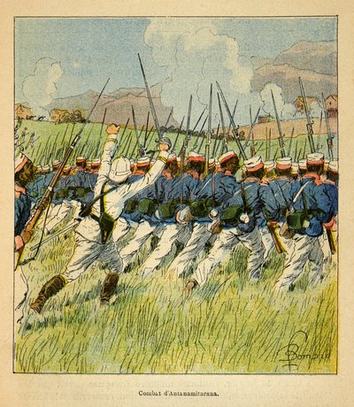 The War in Madagascar-Anecdotal History of the French Expeditions of 1885-1895 av Henri Galli dit Galllichet (1854-1922), illustrert av Louis Bombled (1862-1927): Franske tropper under Antanamitarana-slagene i 1895, Privat samling av Louis Charles Bombled
