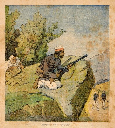 The War in Madagascar-Anecdotal History of the French Expeditions of 1885-1895 av Henri Galli dit Galllichet (1854-1922), illustrert av Louis Bombled (1862-1927): Hovas-bakholdsangrep, privat samling av Louis Charles Bombled