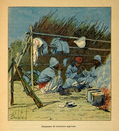 The War in Madagascar-Anecdotal History of the French Expeditions of 1885-1895 av Henri Galli dit Galllichet (1854-1922), illustrert av Louis Bombled (1862-1927): Camp of Algerians in Madagascar in 1895, Private Collection av Louis Charles Bombled