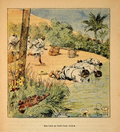 The War in Madagascar-Anecdotal History of the French Expeditions of 1885-1895 av Henri Galli dit Galllichet (1854-1922), illustrert av Louis Bombled (1862-1927): Et stopp ved elven i 1895, privat samling av Louis Charles Bombled