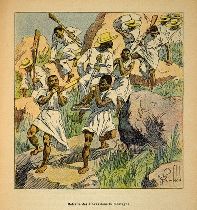 The War in Madagascar-Anecdotal History of the French Expeditions of 1885-1895 av Henri Galli dit Galllichet (1854-1922), illustrert av Louis Bombled (1862-1927): Retreat of Hovas Troops in the Mountains, Private Collection av Louis Charles Bombled