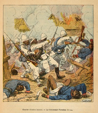 The War in Madagascar-Anecdotal History of the French Expeditions of 1885-1895 av Henri Galli dit Galllichet (1854-1922), illustrert av Louis Bombled (1862-1927): Løytnant Foreston sår under slagene ved Ambolomonty i 1895, privat samling av Louis Charles Bombled