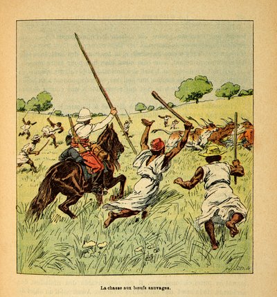 The War in Madagascar-Anecdotal History of the French Expeditions of 1885-1895 av Henri Galli dit Galllichet (1854-1922), illustrert av Louis Bombled (1862-1927): Jakten på ville okser i Madagaskar i 1895, privat samling av Louis Charles Bombled