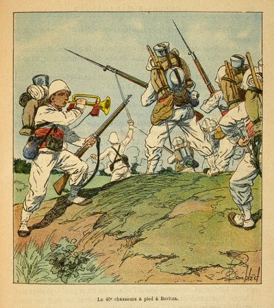 The War in Madagascar-Anecdotal History of the French Expeditions of 1885-1895 av Henri Galli dit Galllichet (1854-1922), illustrert av Louis Bombled (1862-1927): De 40. jegerne til fots under kampene i Beritza i 1895, privat Samling av Louis Charles Bombled