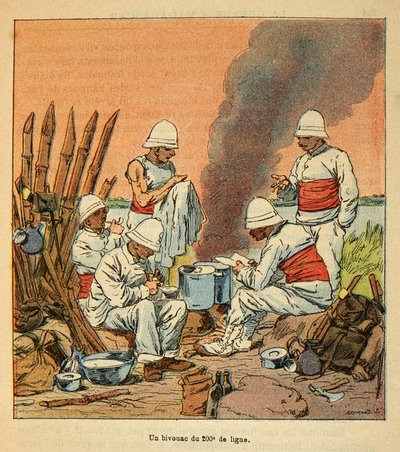 The War in Madagascar-Anecdotal History of the French Expeditions of 1885-1895 av Henri Galli dit Galllichet (1854-1922), illustrert av Louis Bombled (1862-1927): En bivuakk av den 200. linjen på Madagaskar i 1895, privat samling av Louis Charles Bombled