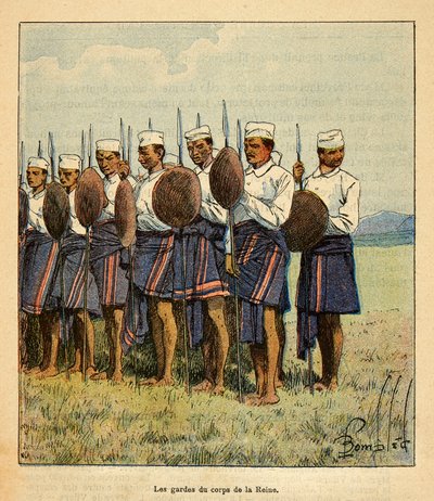The War in Madagascar-Anecdotal History of the French Expeditions of 1885-1895 av Henri Galli dit Galllichet (1854-1922), illustrert av Louis Bombled (1862-1927): Guards of the Queen Ranavalona, Private Collection av Louis Charles Bombled