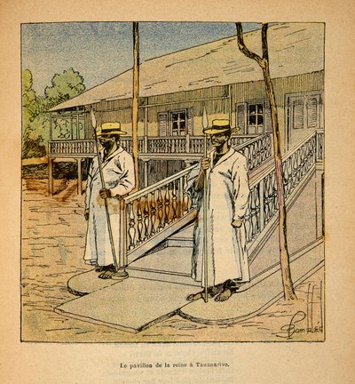 The War in Madagascar-Anecdotal History of the French Expeditions of 1885-1895 av Henri Galli dit Galllichet (1854-1922), illustrert av Louis Bombled (1862-1927): The Pavilion of Queen Ranavalona i Tananarive i 1895, privat samling av Louis Charles Bombled