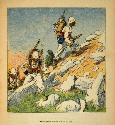 The War in Madagascar-Anecdotal History of the French Expeditions of 1885-1895 av Henri Galli dit Galllichet (1854-1922), illustrert av Louis Bombled (1862-1927): Avantgarde of infantry in Madagascar in 1895, Private Collection av Louis Charles Bombled