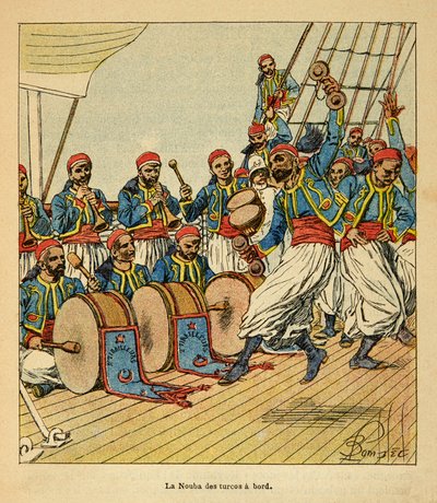 The War in Madagascar-Anecdotal History of the French Expeditions of 1885-1895 av Henri Galli dit Galllichet (1854-1922), illustrert av Louis Bombled (1862-1927): De ni tyrkerne ombord på skipet som seiler til Madagaskar, privat samling av Louis Charles Bombled