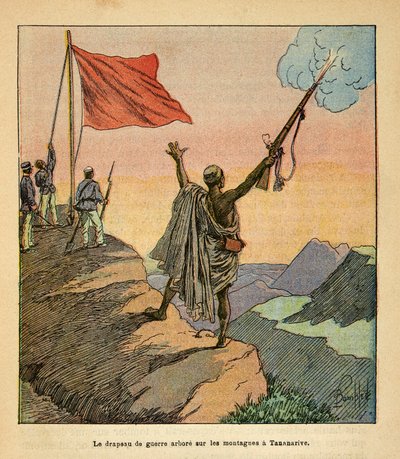 The War in Madagascar-Anecdotal History of the French Expeditions of 1885-1895 av Henri Galli dit Galllichet (1854-1922), illustrert av Louis Bombled (1862-1927): The Malagasy Red War Flag-anlegget på Tananarive-fjellene, privat samling av Louis Charles Bombled