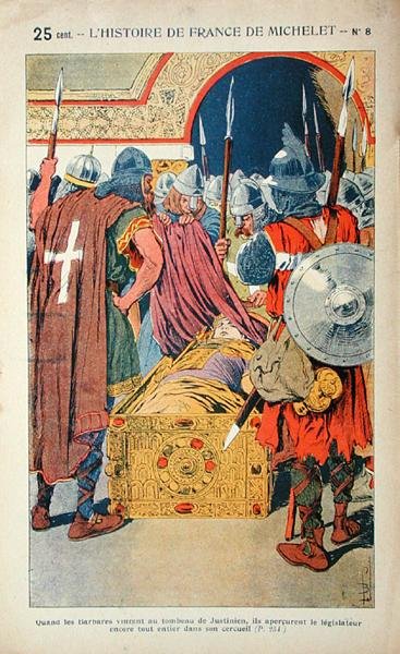 Oppdagelsen av det mumifiserte liket av keiser Justinian (483-565) under inntoget av Konstantinopel av korsfarerne i 1204, illustrasjon fra 
