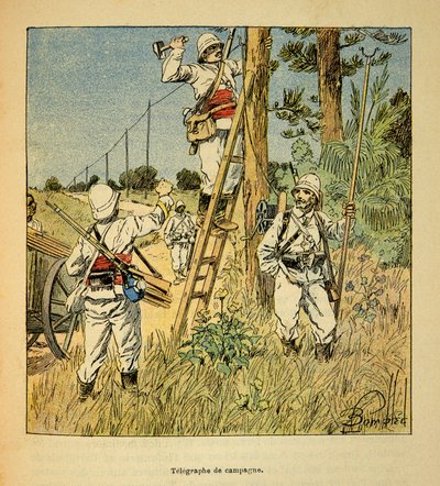 Krigen i Madagaskar-Anekdotisk historie om de franske ekspedisjonene 1885-1895 av Henri Galli dit Galllichet (1854-1922), illustrert av Louis Bombled (1862-1927): Implementering av kampanjetelegrafen av militæret på Madagaskar i 1895, privat koll av Louis Charles Bombled