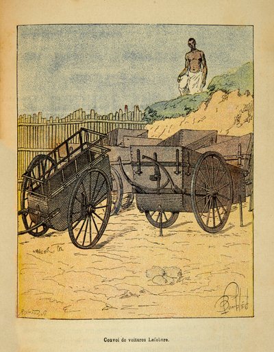 Krigen i Madagaskar-Anekdotisk historie om de franske ekspedisjonene 1885-1895 av Henri Galli dit Galllichet (1854-1922), illustrert av Louis Bombled (1862-1927): Konvoi av biler Lefebvre bruker til forsyning av tropper, Privat samling av Louis Charles Bombled
