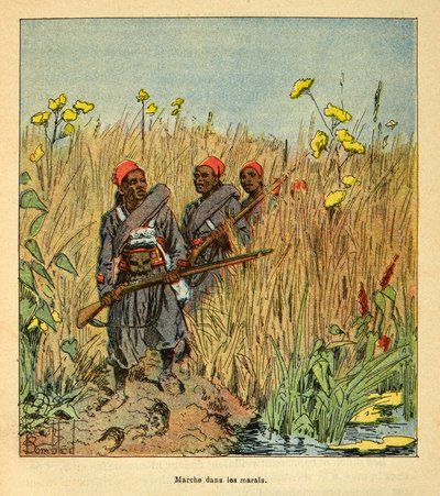 Krigen i Madagaskar-Anekdotisk historie om de franske ekspedisjonene 1885-1895 av Henri Galli dit Galllichet (1854-1922), illustrert av Louis Bombled (1862-1927): Franske tropper på ekspedisjon i myrene på Madagaskar i 1895, Privat samling av Louis Charles Bombled