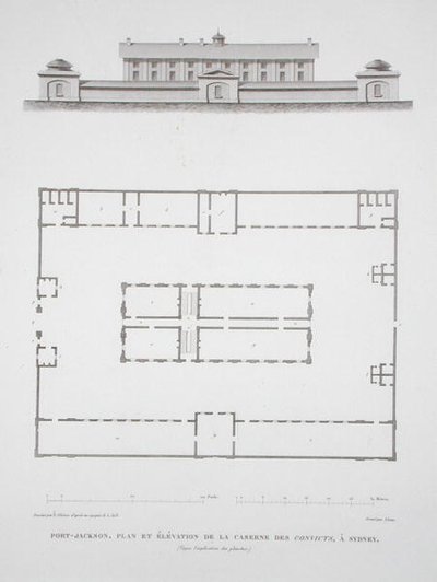 Plan og høyde over de straffedømtes bygning i Port Jackson, nær Sydney, fra 